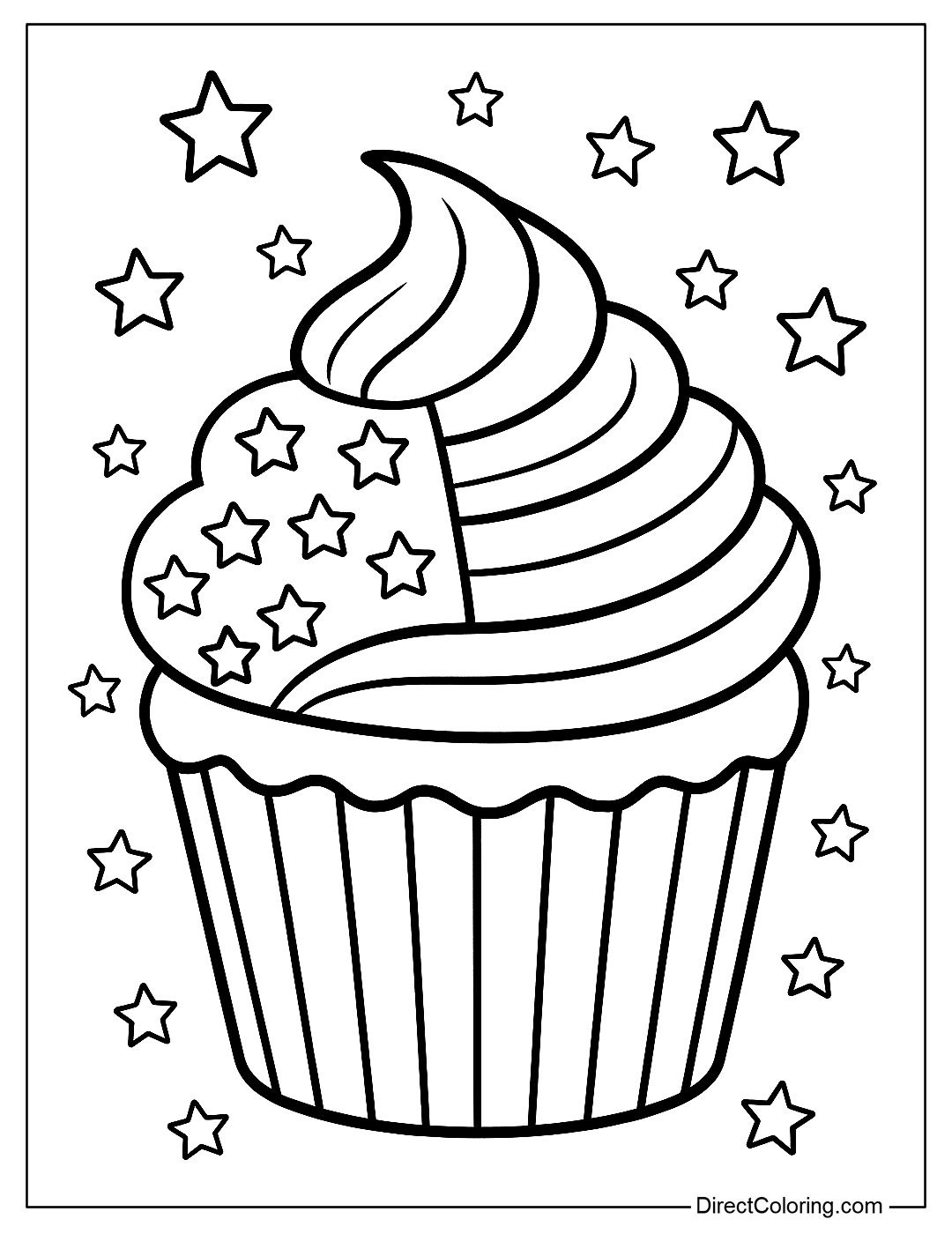 A cute cupcake coloring page with flag-shaped ice cream